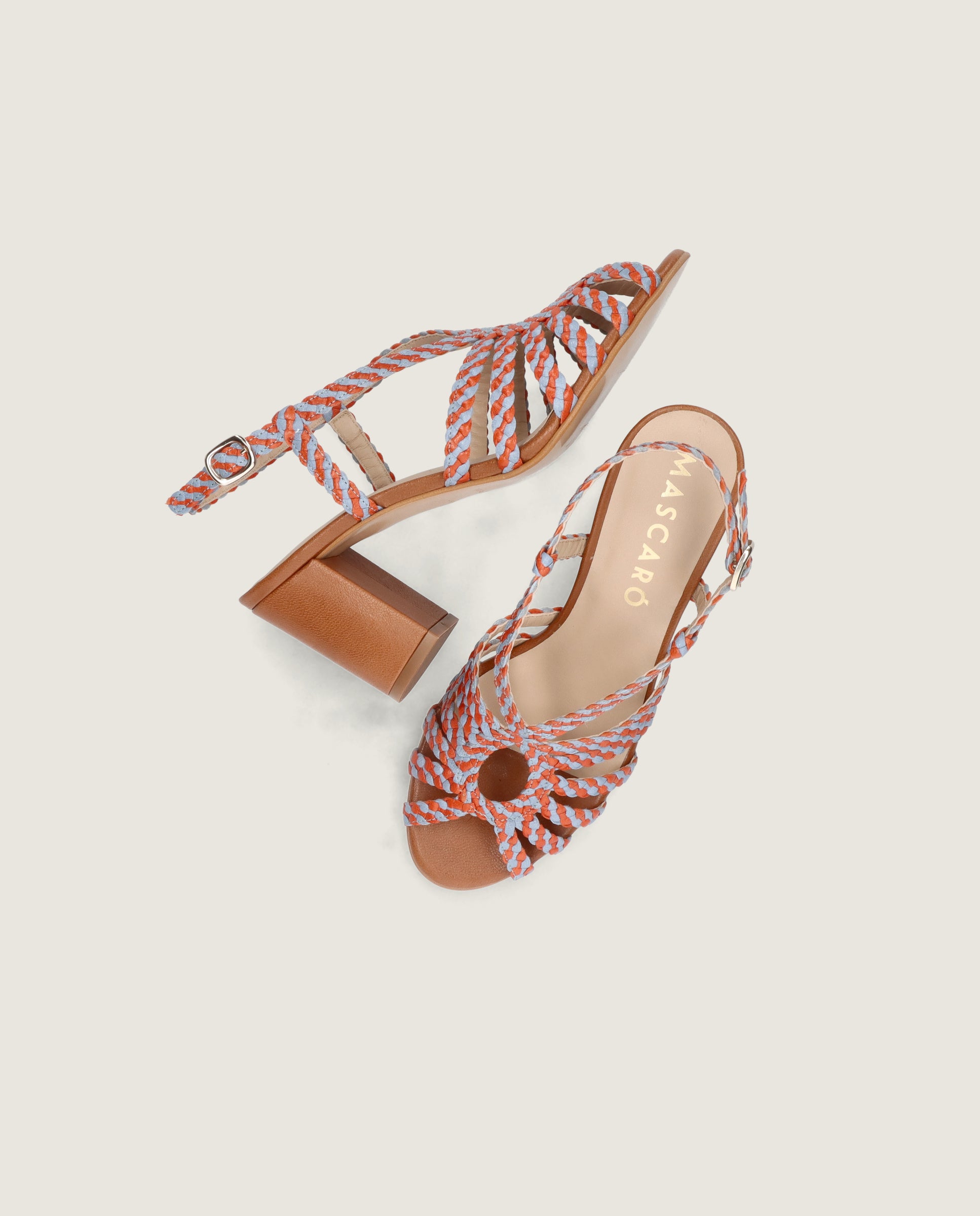 Thais Peep-toe in blue and orange woven leather