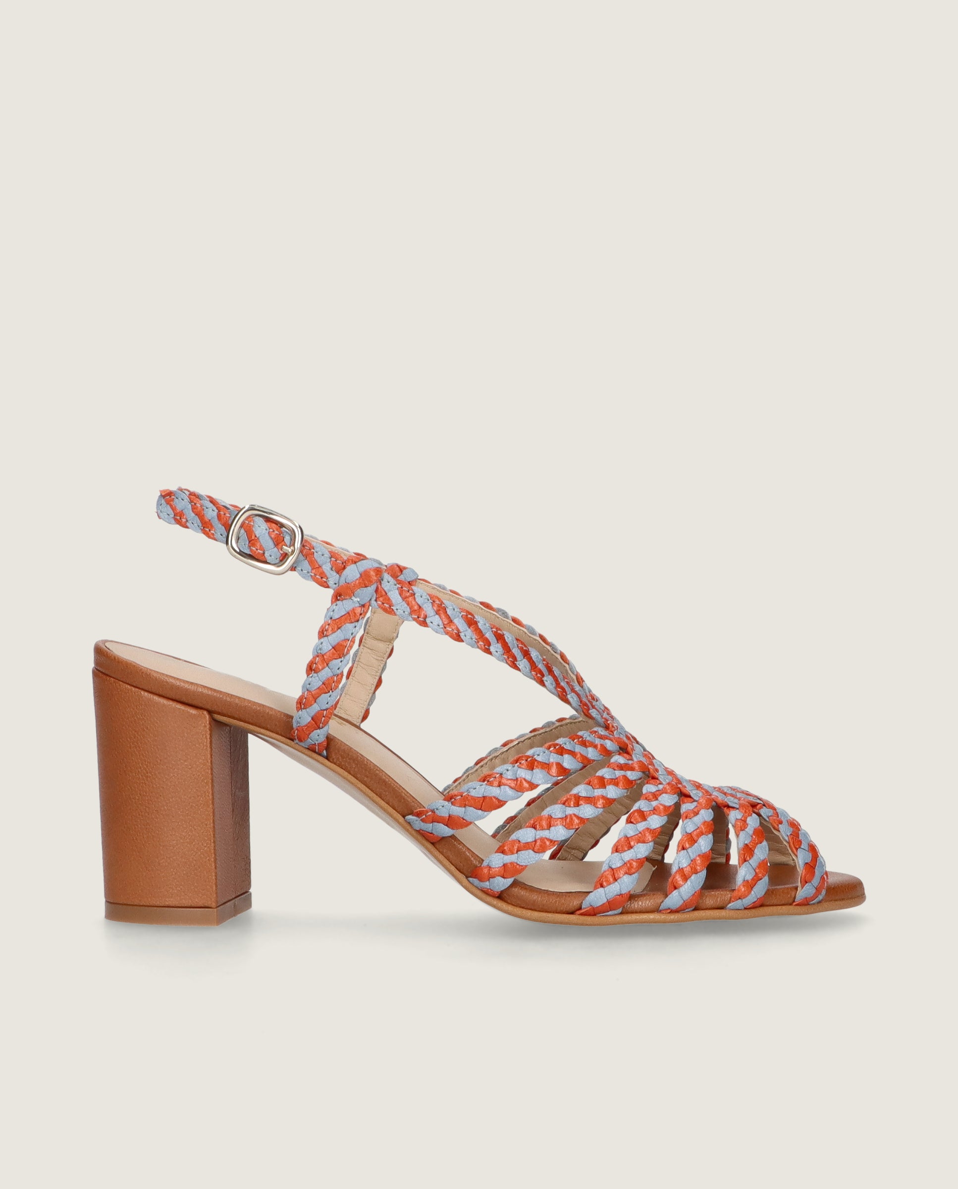 Thais Peep-toe in blue and orange woven leather