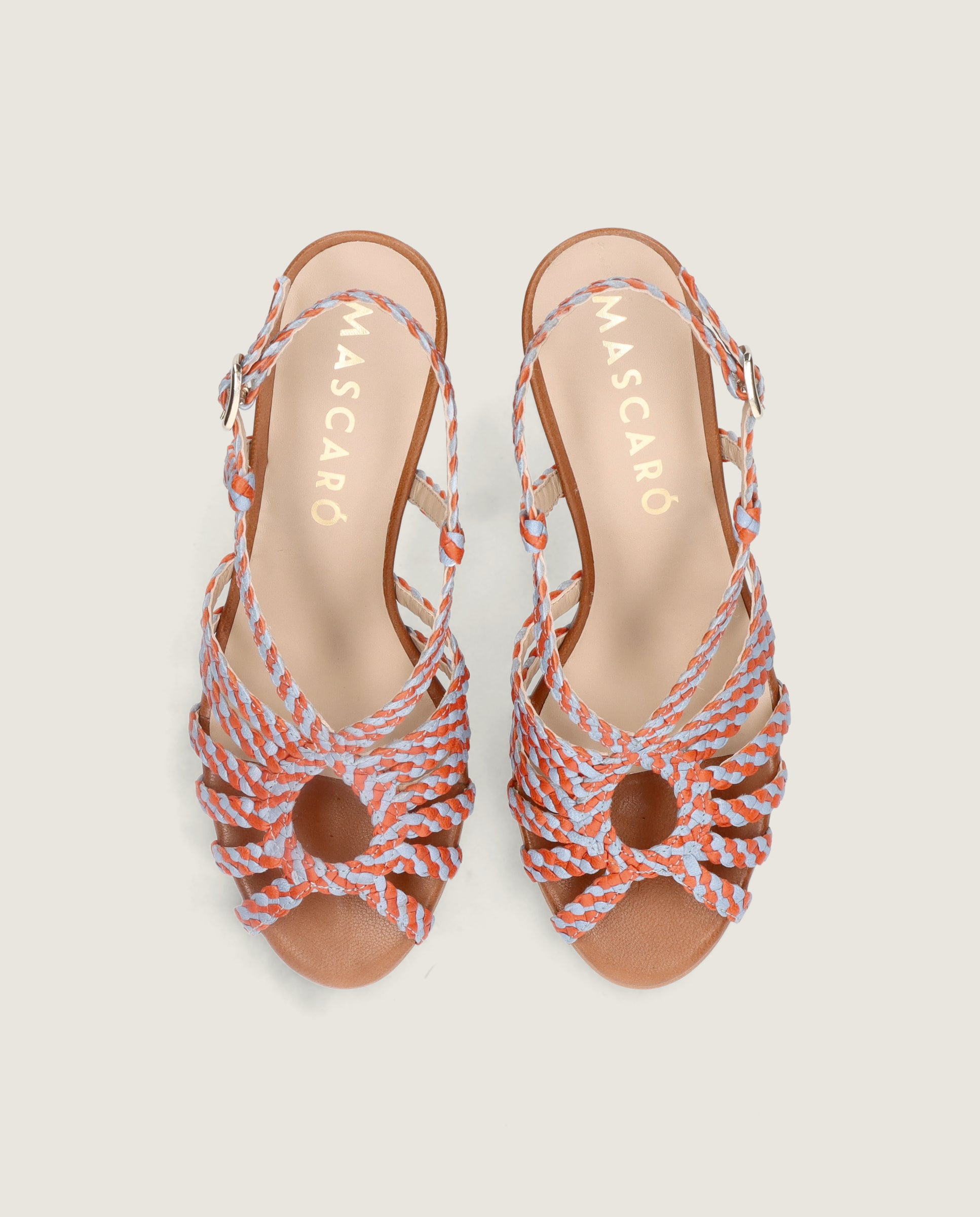 Thais Peep-toe in blue and orange woven leather