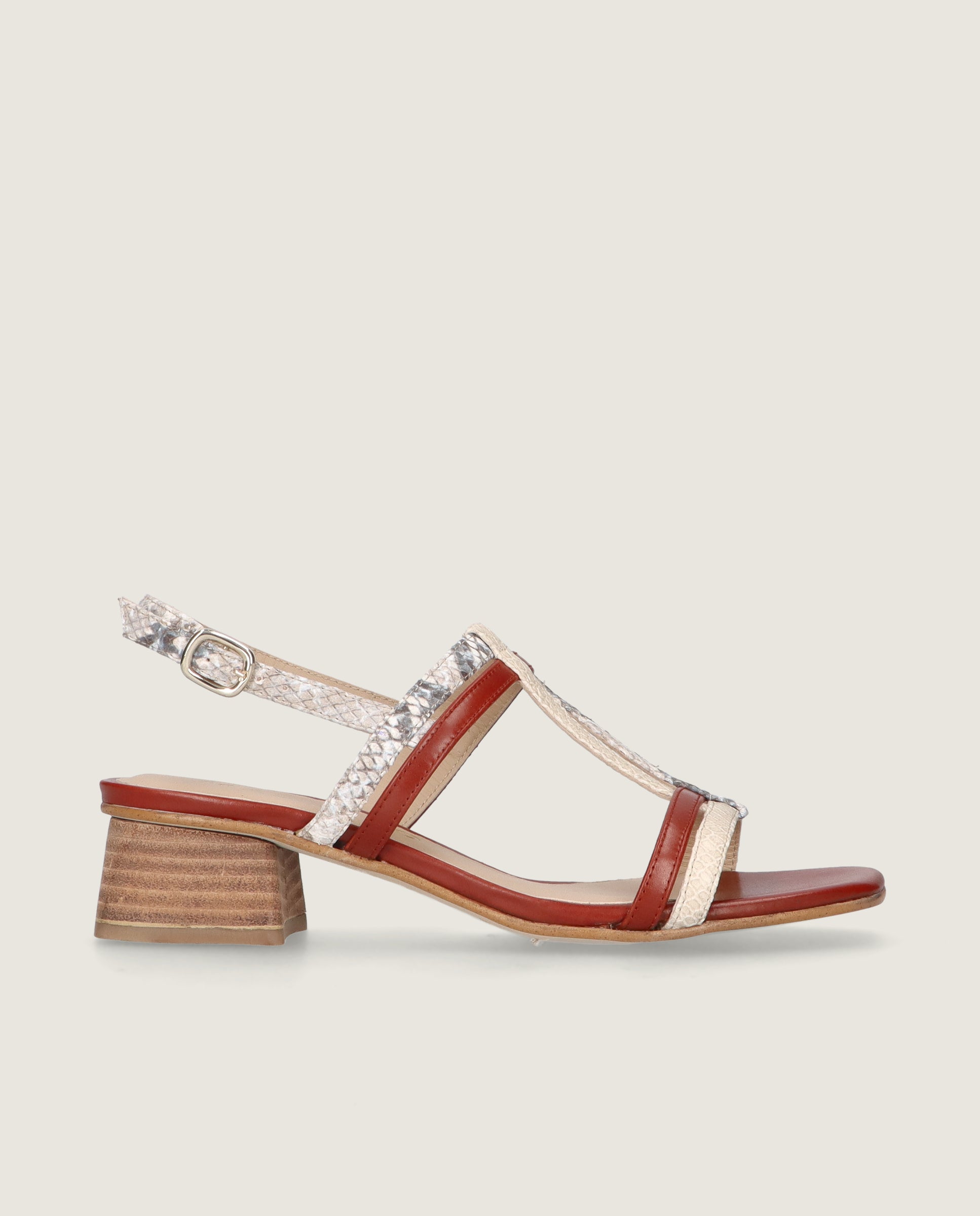 Cannes Sandal in brown and snake printed leather