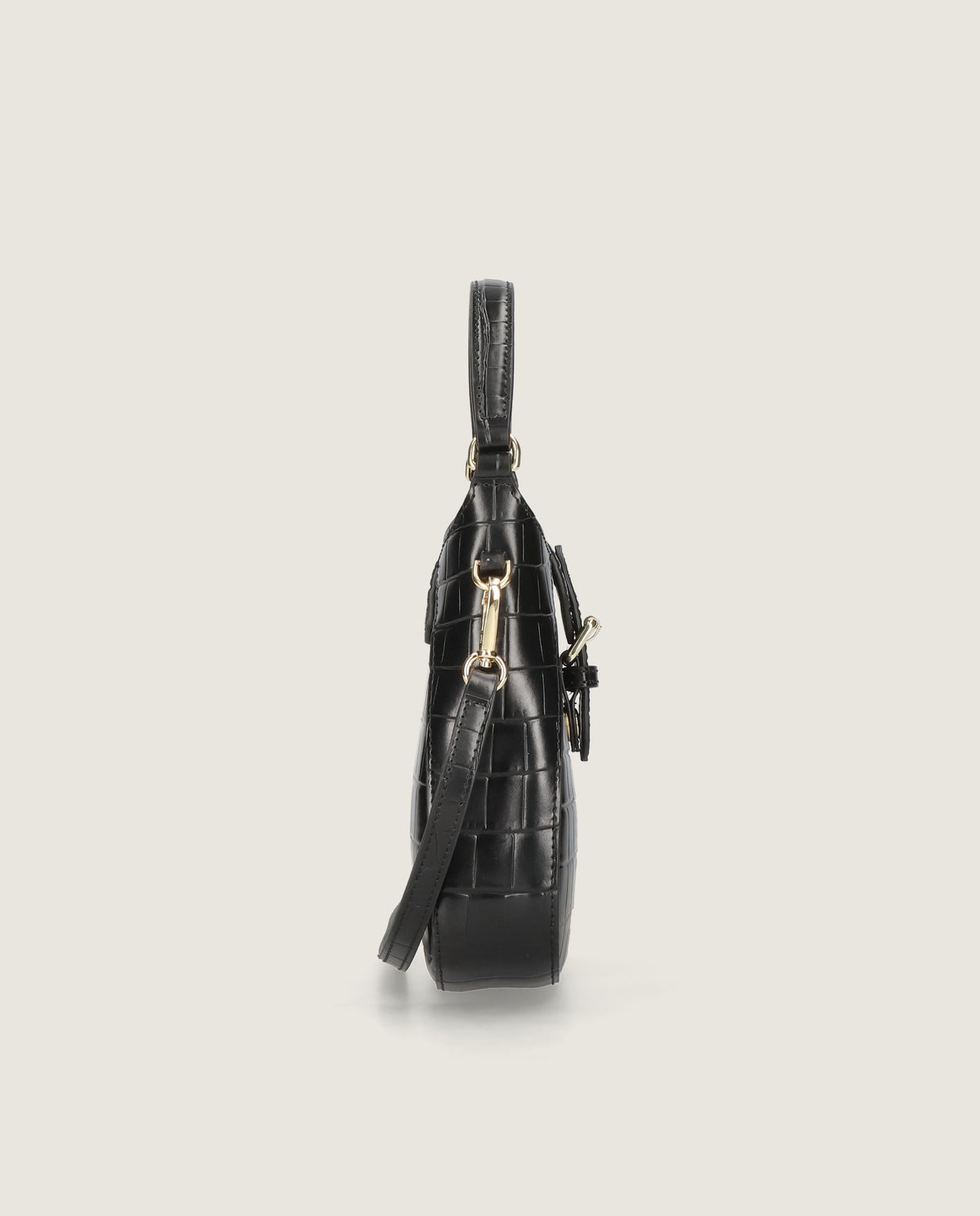 Mini estribo bag in black crocodile printed leather